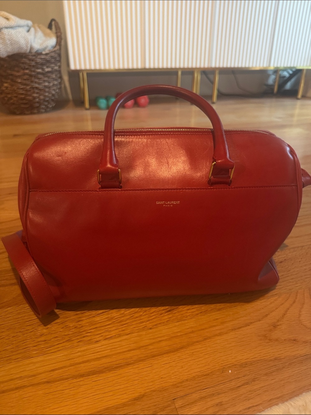Saint Laurent Red Leather Bowling Satchel with Top Handles - Picture 1 of 5